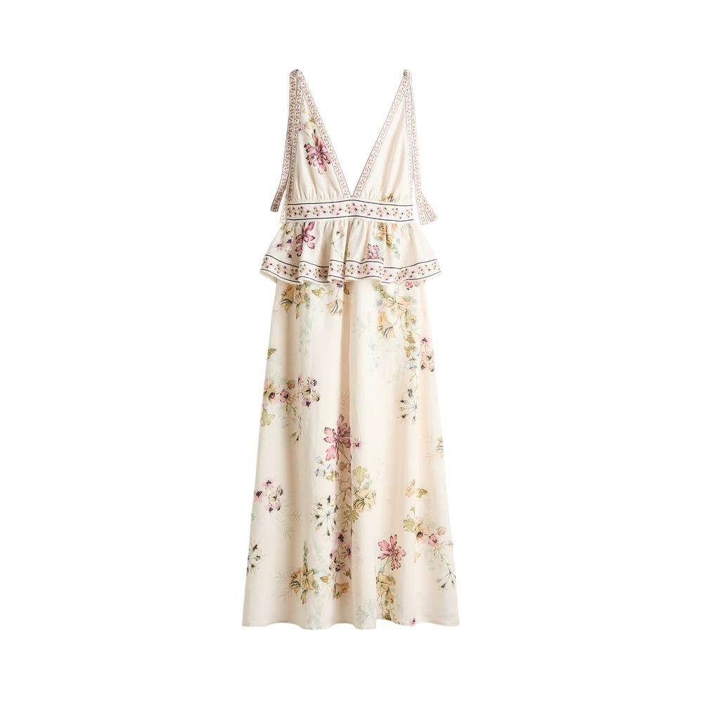 H&M Linen Blend Maxi Dress Womens L Cream Floral Peplum Tie Shoulder Cottagecore